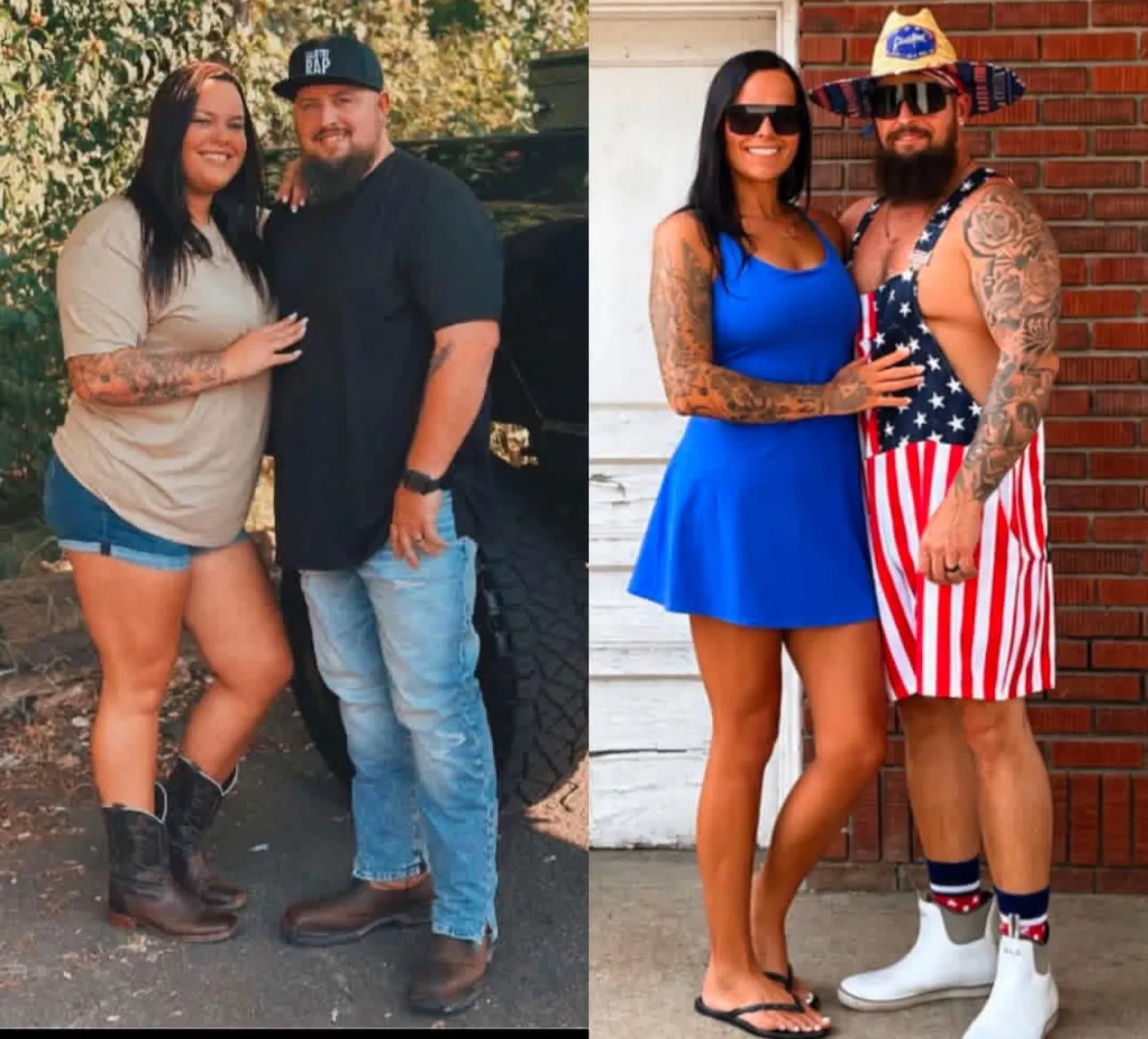 Two photos of a couple, shared with their permission: on the left, standing by a truck on a wooded lane; on the right, on a brick porch in summer clothes.
