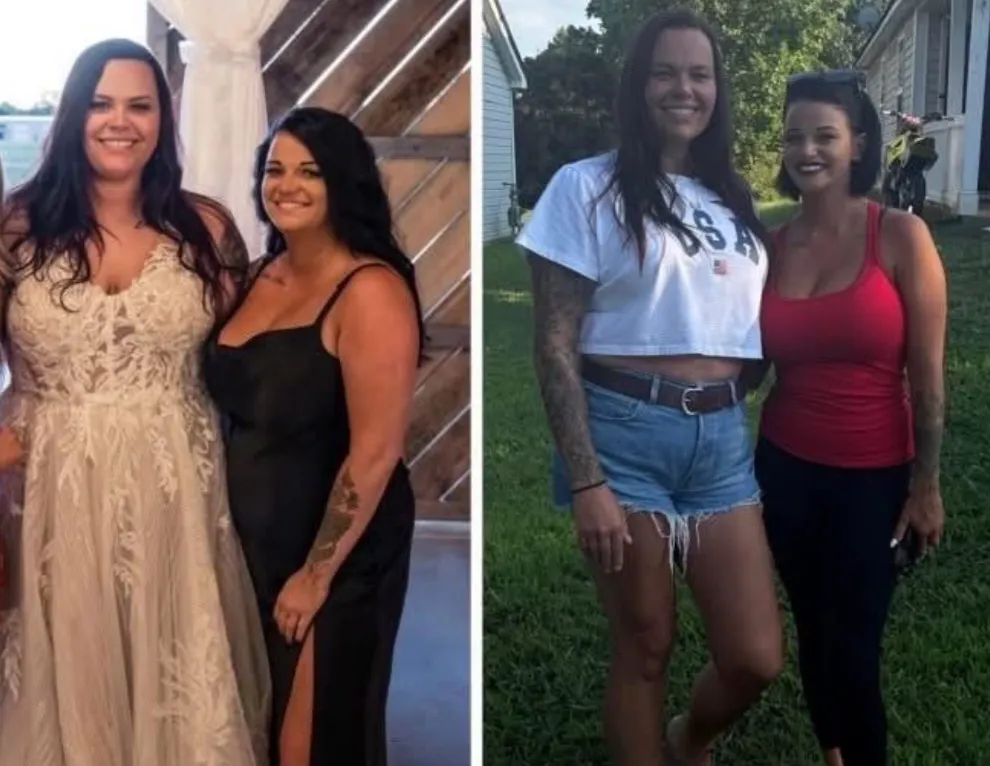 Two photos of two women, shared with their permission: on the left, dressed for a wedding; on the right, in a backyard in summer clothes.