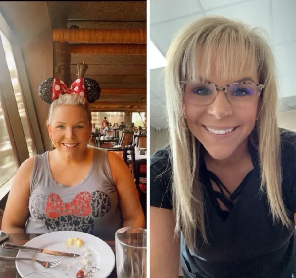 Two photos of a woman, shared with her permission: on the left, at a restaurant table wearing mouse ears; on the right, a close portrait in glasses.